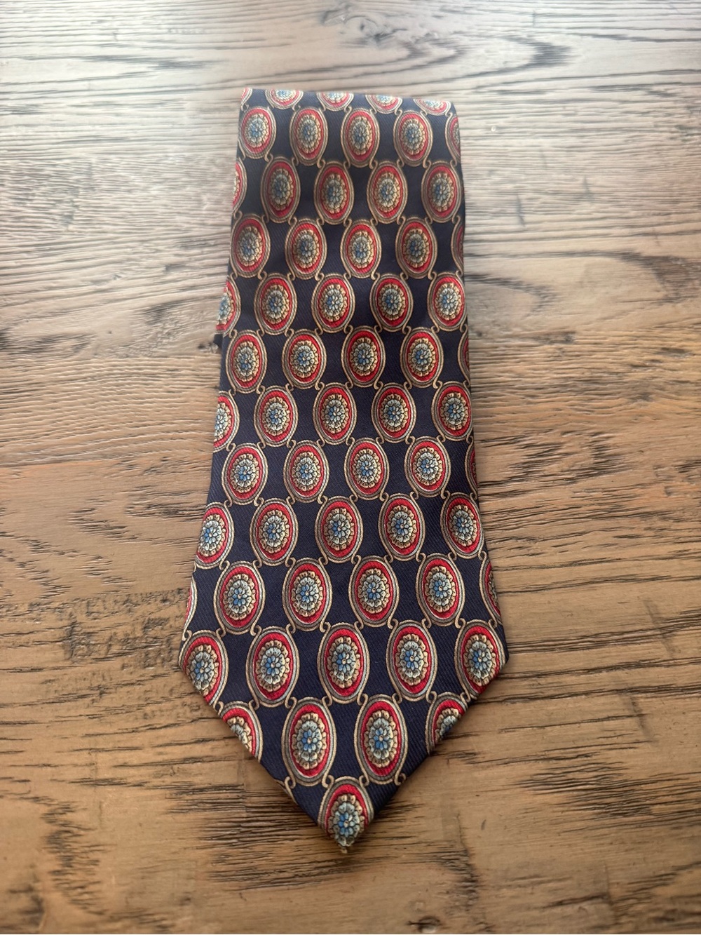 Vintage Burberry Navy Medallion Silk Tie with Red Accents